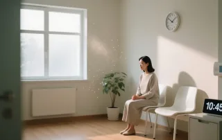 زن در مطب پزشکی در حال انتخاب زمان مناسب برای ویزیت زنان و زایمان