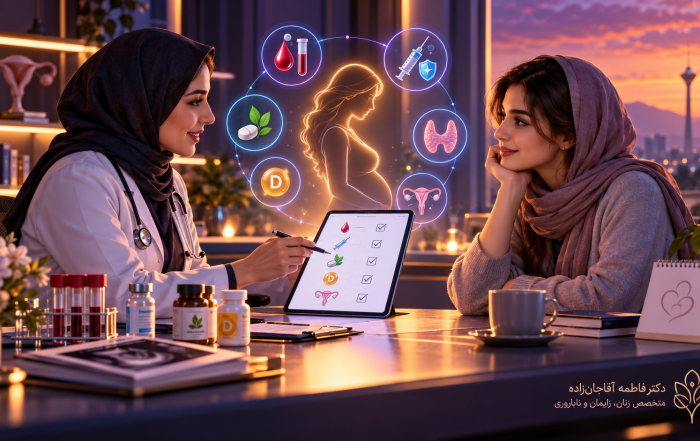 تصویر آموزشی اختصاصی چکاپ پیش از بارداری با طراحی سینمایی، آزمایش و مکملها – دکتر فاطمه آقاجانزاده